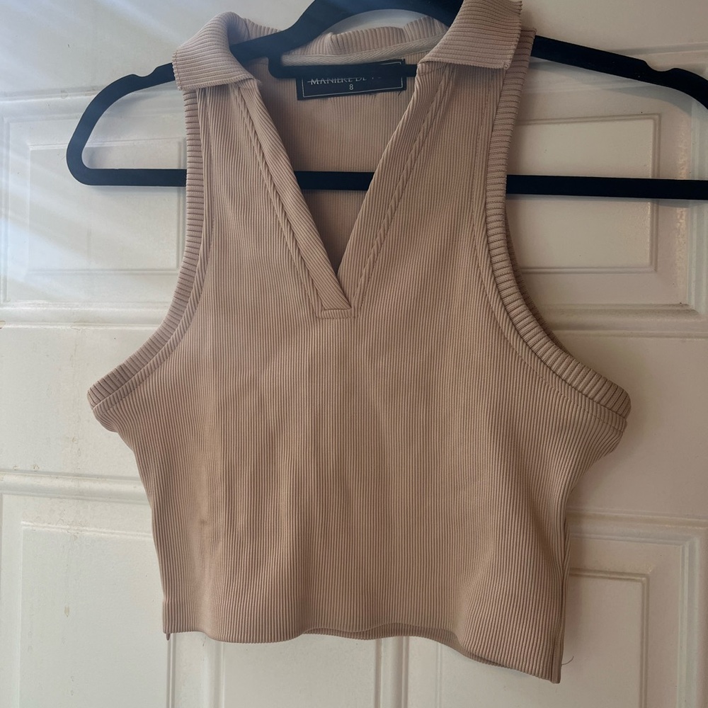 Maniere De Voir Beige Ribbed V-Collar Sleeveless Crop Tank